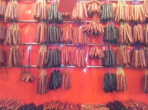 Chinese sausage hanging in market